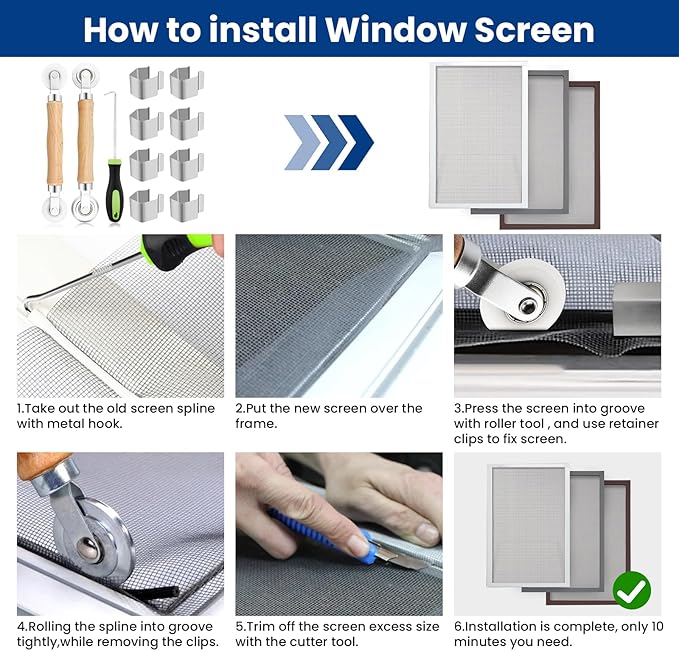 ZIUZI 4 in 1 Screen Repair Kit, Screen Roller Tool Kit Inlcuded Metal/Nylon Screen Roller Tool, Spline Removal Hook and Screen Clips, Screen Repair Tool for Installing Door Window Mesh