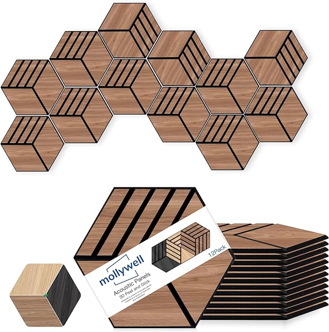 Mollywell Acoustic Panels, PVC Wood-Grain, 14x12 Inch Hexagon Carved Sound Proof Wall Tiles, Self-Adhesive High Density Felt for Home Theater/Studio/Office Echo Reduction, 12 Pack Walnut, S4
