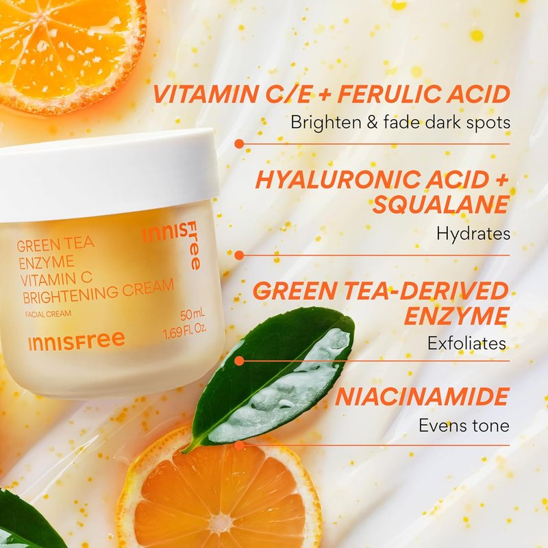 Innisfree Green Tea Enzyme Vitamin C Cream - Brightening Korean Face Moisturizer for Dark Spots & Radiant Skin