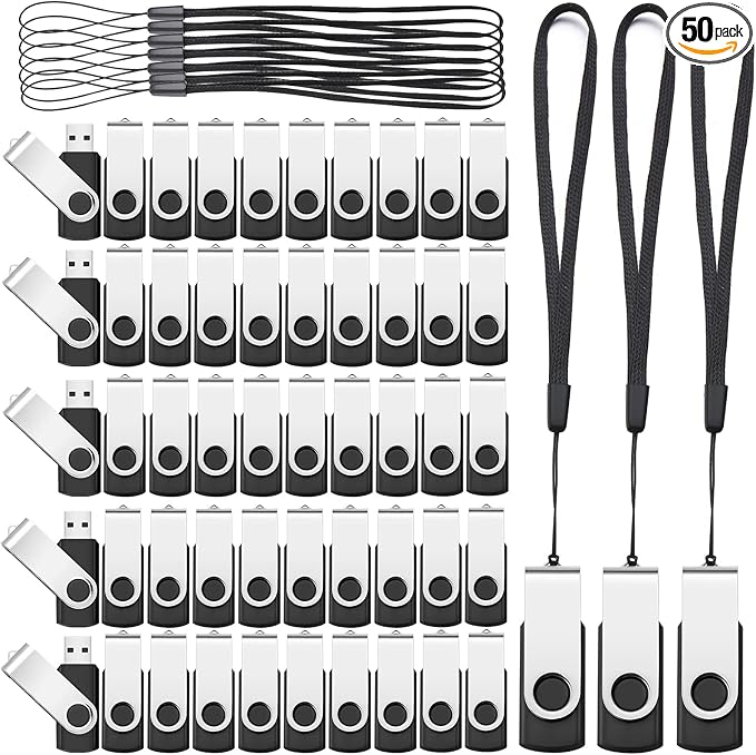 Aoriher 50 Pack USB 2.0 Flash Drives Bulk, Portable USB Thumb Drives with Lanyards, Swivel Flash Drives Thumb Drives for Office School Data Storage(Black,512mb)