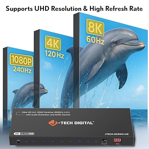 J-Tech Digital 8K HDMI Switch 4 in 1 Out 8K@60Hz 4K@120Hz 1080P@240Hz, HDMI Audio Extraction to Optical & 3.5mm, HDR HDCP 2.3 EDID Control, Compatible with PS5 PS4 Xbox Switch Apple TV Roku Fire TV