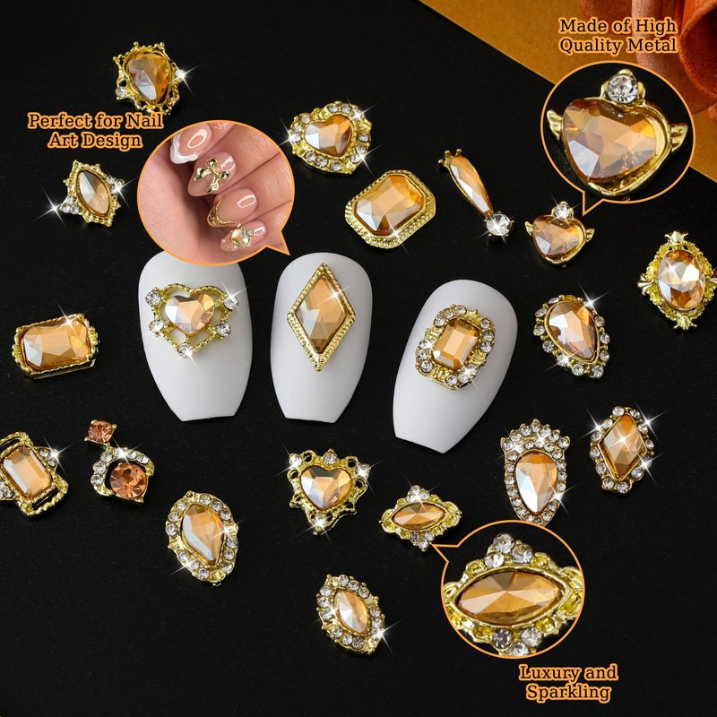 ZUMILLMN Gold Nail Charms, Gold Nail Charms, 20Pcs 3D Nail Charms 20 Styles Metal Nail Art Charms Champagne-Color Gem Charms for Nails（Champagne-Color Gem）