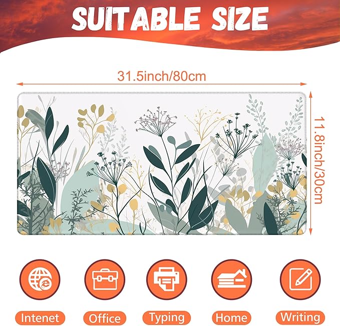KOAIWPAE Desk Mat, Green Gold Plant Leaves Desk Pad, Wildflowers Large Gaming Mouse Pad for Desk, 31.5"x15.7" Extended Big Computer Keyboard Mouse Pad with Non-Slip Base and Stitched Edge