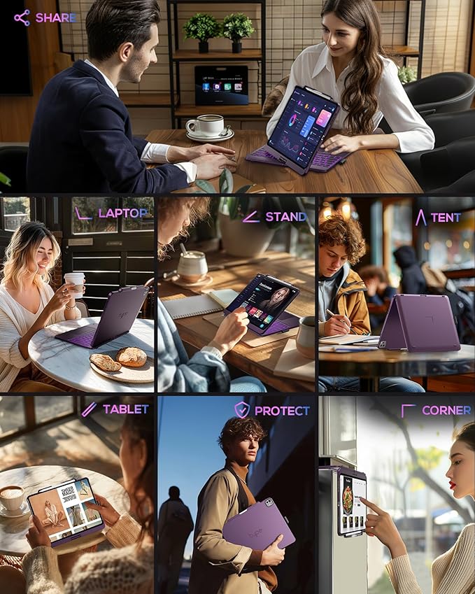 typecase Touch Case with Keyboard for iPad Pro 13"(M5/M4, 2025/2024), iPad Air 13"(M4/M3/M2, 2026/2025/2024) & iPad Pro 12.9", Trackpad, 360° Rotatable, 11-Colors Backlit, Soft Purple
