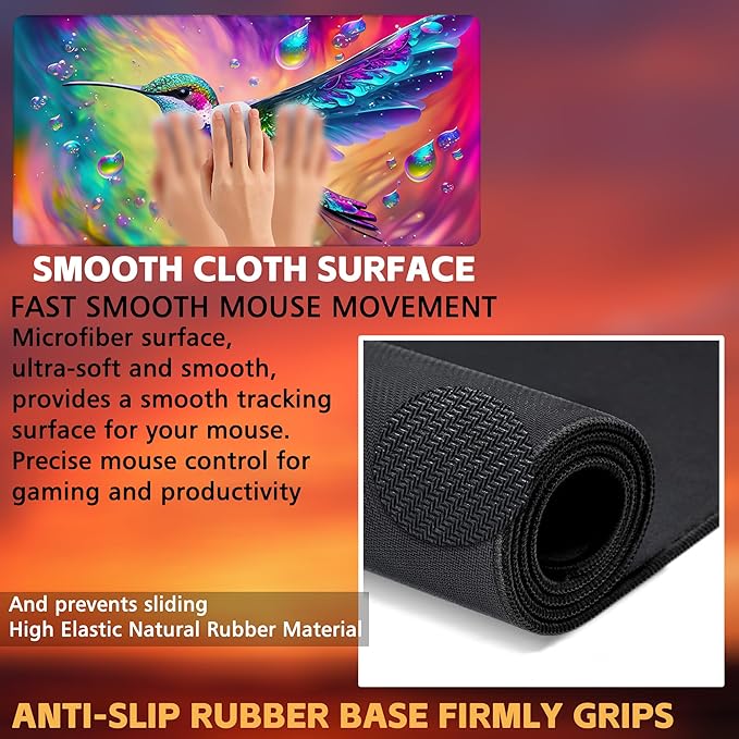 KOAIWPAE Large Gaming Mouse Pad for Desk, Colorful Hummingbird Desk Mat, Bright Hummingbird Desk Pad, 31.5"x15.7" Extended Big Computer Keyboard Mouse Pad with Non-Slip Base and Stitched Edge