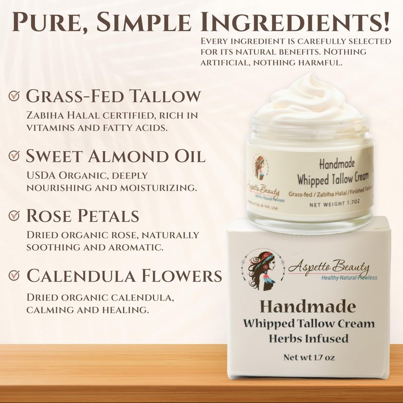 aspetto beauty 100% Whipped Grass Fed Beef Tallow for Skin, Face and Body – Natural Tallow Face Moisturizer, Organic Cream with Sweet Almond Oil – 1.7 oz. (Unscented/Herb-Infused)