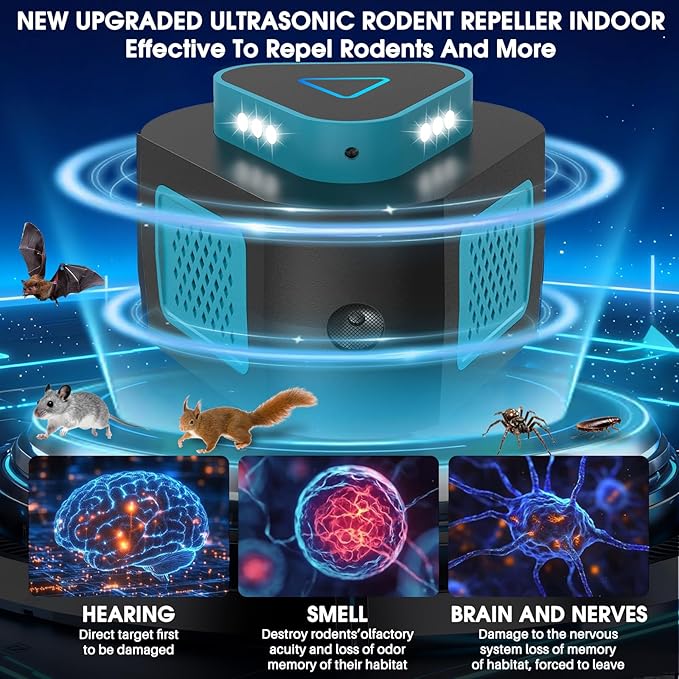 2025 360°Ultrasonic Pest Control Repellent Plug in for Rodent Mice Rat Spider Ant Bug Squirrel Bats Roach,4 Mode Switching Mouse Repellent Device for Basement House Garage Kitchen(1pcak)