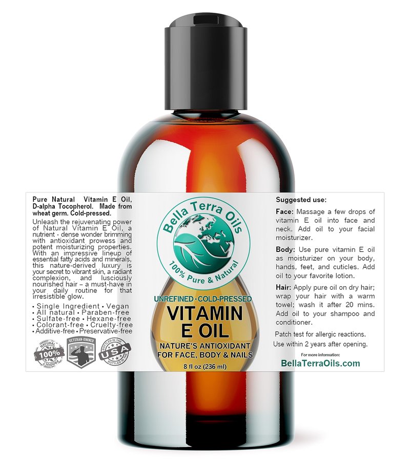 Bella Terra Oils Natural Vitamin E Oil 8oz – Moisturizing Wheat Germ Oil for Face, Body & Hair Care