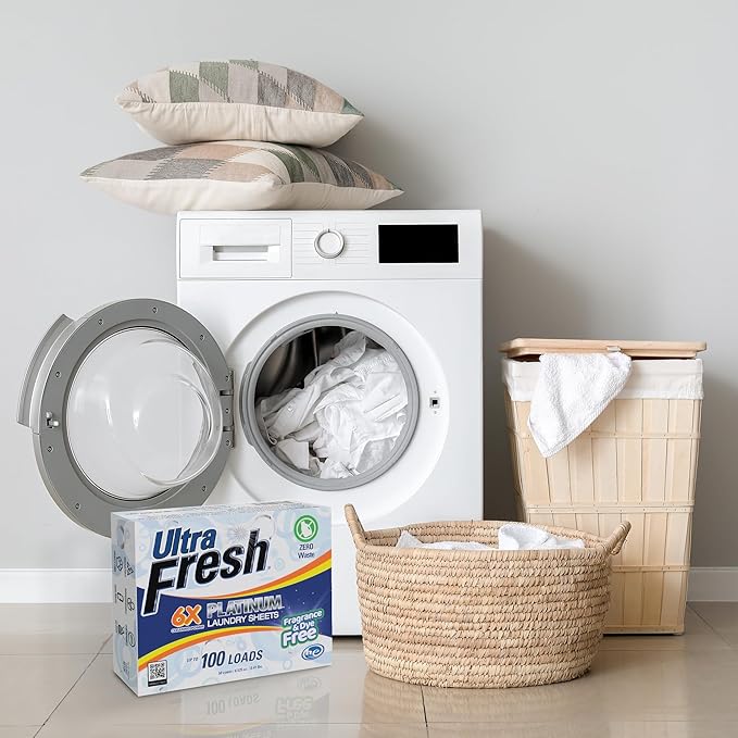 Ultra Fresh 50 Count Laundry Detergent Sheets for All Machine Types, 6X Platinum, Up to 100 Loads, Fragrance Free and Dye Free
