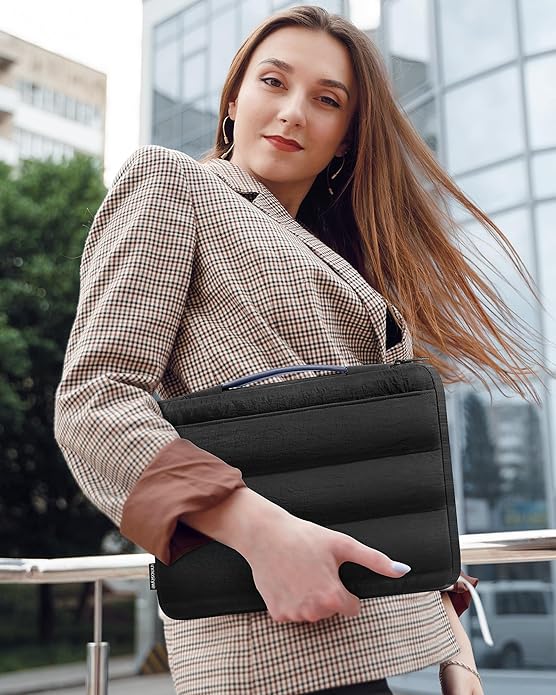 Black Puffy Laptop Sleeve 14-Inch Fluffy Protective Sleeve for MacBook Pro/Air 14, Dell XPS, HP, for Travel & College