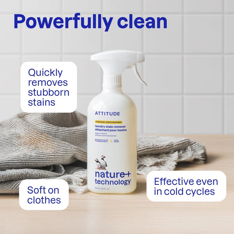 ATTITUDE Stain Remover Spray for Laundry, Removes Odors & Stains, Plant-Based & Vegan, Citrus Zest Scent, 27.1 Fl Oz