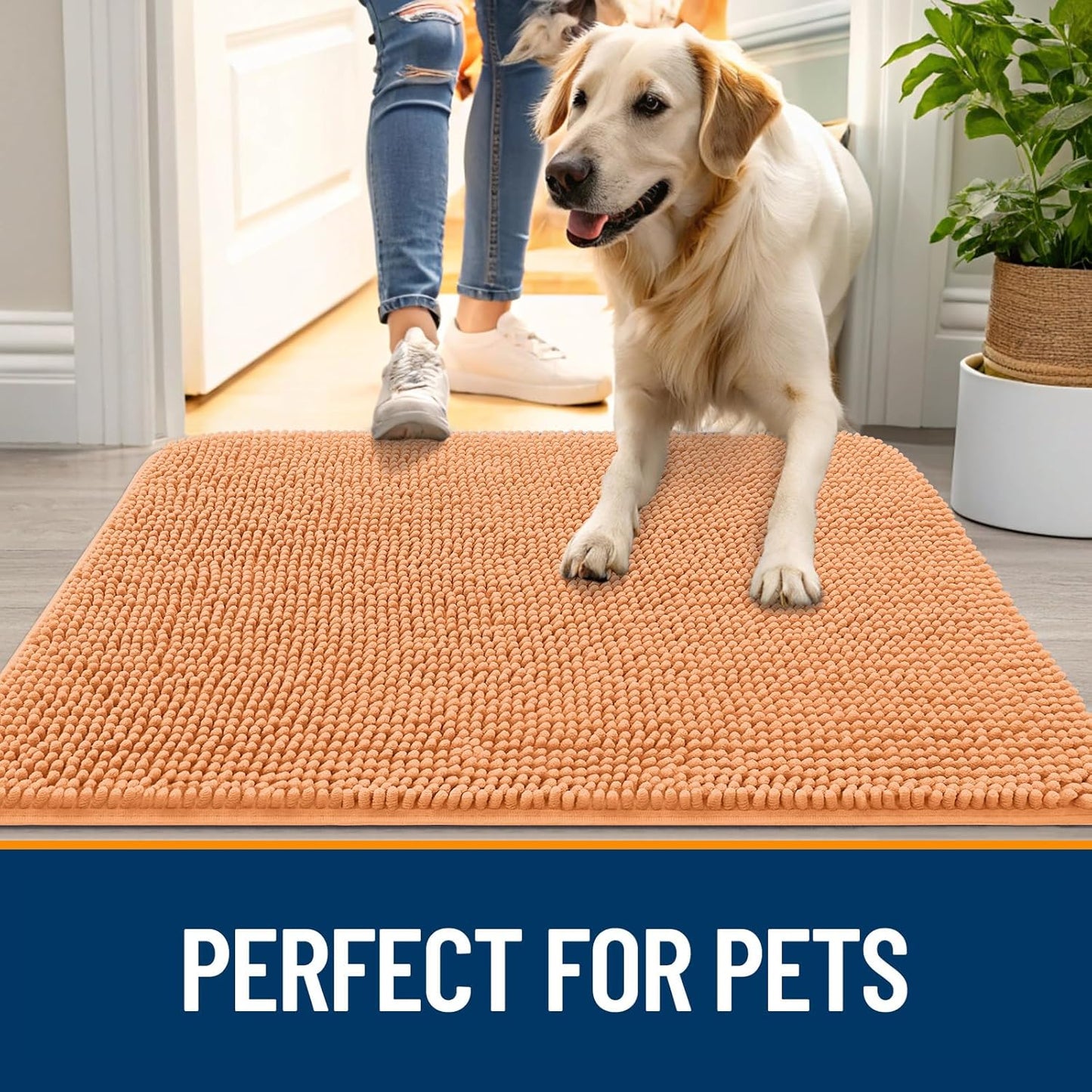 OLANLY Dog Door Mat - Absorbent Non-Slip Chenille Mat for Muddy Paws | 45x27 Inches, Quick Dry, Orange
