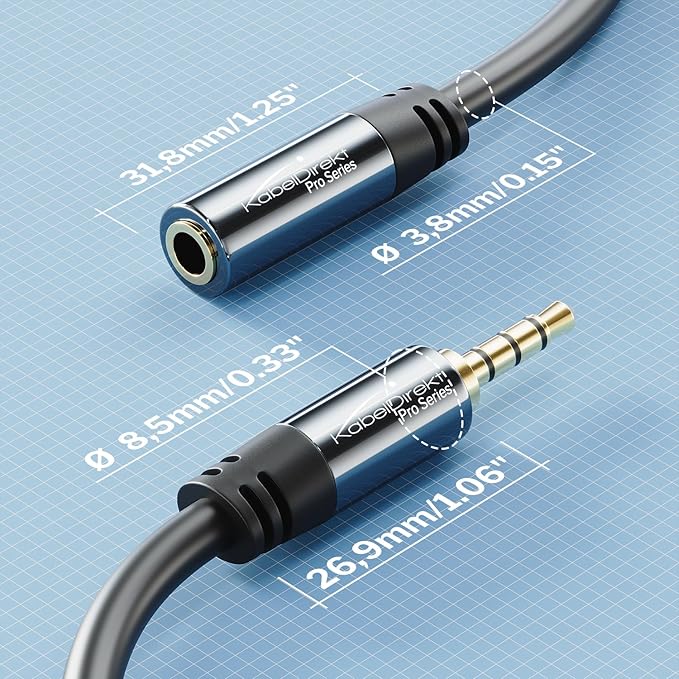 KabelDirekt – Headset Extension Cable – 15ft – Headphone Extension Cord with Break-Proof Metal Plug for Gaming Headsets & Headphones with Microphone, TRRS, 4-Pole, 3.5mm Male to Female