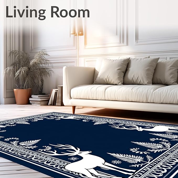 Flatwoven High Traffic Area Rug 8x10, Enchanted Forest December Shower Curtain Full Restroom Kit, Non Slip, Stain Resistant, Washable Area Rugs for Living Room, Bedroom (Blue, 8x10, Pad)