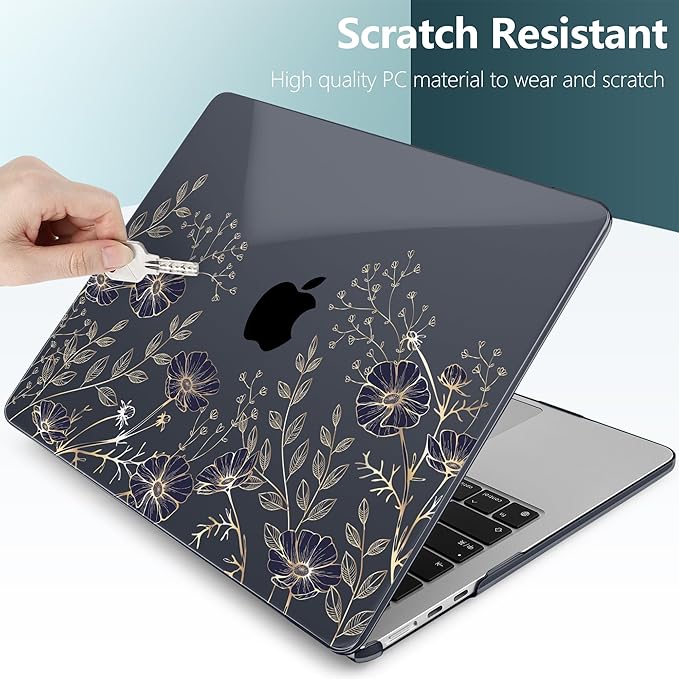 TWOLSKOO for MacBook Air 13 inch Case M5 2026 M4 2025 M3 M2 2024-2022 A3449 A3240 A3113 A2681, Plastic Hard Shell & Keyboard Cover & Type C for MacBook Air 13.6 inch Case, Golden Flowers