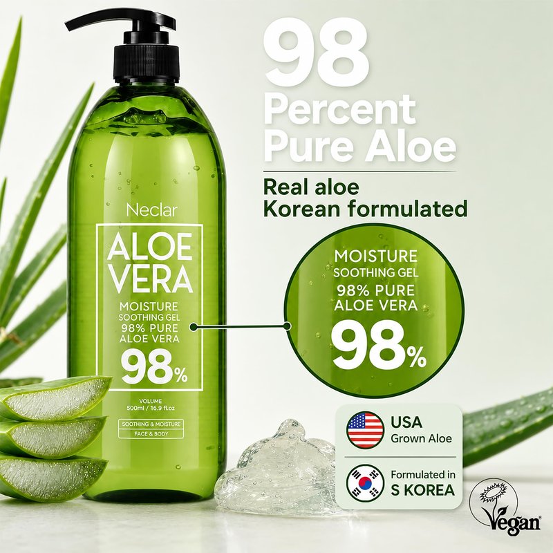 Neclar 98% Pure Aloe Vera Gel for Sunburn Relief - Big 16.9 oz / 500ml - Korean After Sun Care lotion For Face, Skin and Hair - Sun Burn Moisturizer Cream (16.9 Fl oz)