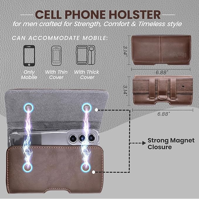 Wireless City X-Large Phone Holster for Men & Women, Horizontal Belt Clip & Loop Cell Phone Pouch, Magnetic Closure Phone Belt Holder Fits iPhone 17/16/15/14/13/12 Pro Max & Large Smartphones (Brown)