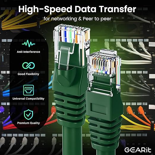GEARit Cat 6 Ethernet Patch Cables 3 ft Green (Cat 6 Ethernet Cables 3 ft 24-Pack), CAT6 High Speed 24AWG 10Gbps RJ45 Snagless Gold-Plated, Ethernet Cable for Router, Switch, PC, PS5 Gaming, Server