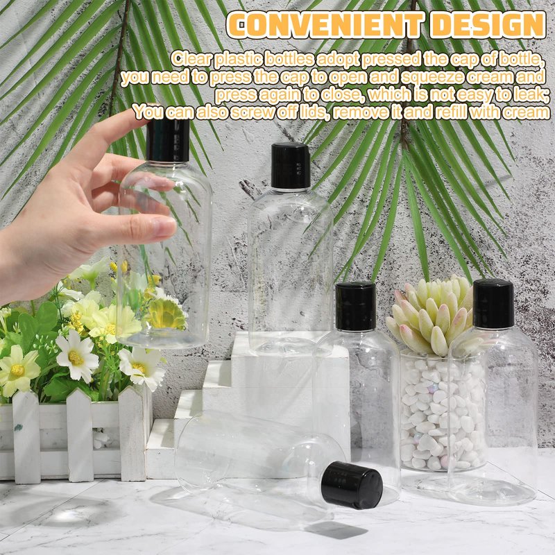 Irenare 30 Pieces 8 oz Travel Bottles with Black Disc Cap Refillable Clear Plastic Squeeze Empty Bottles Shampoo Travel Container for Body Wash Cream Lotion Conditioner Liquid Body Soap