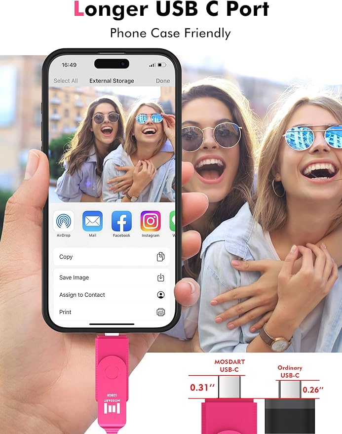 MOSDART 128GB USB 3.2 Fast Speed C and A Dual Flash Drive, exFAT Memory Stick with Keychain and LED Indicator, for iPhone 15,16,17, Android Phone, iPad, MacBook, and Other Laptops, Hot Pink
