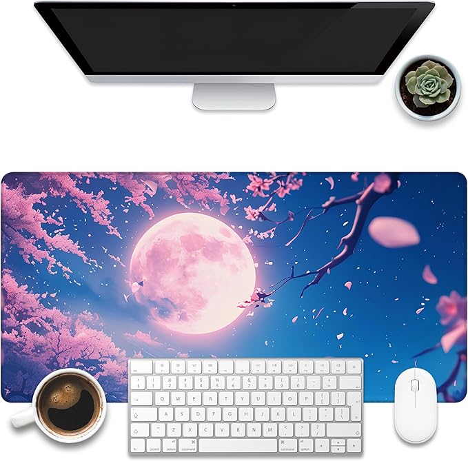 KOAIWPAE Large Gaming Mouse Pad for Desk, Falling Cherry Blossoms Desk Mat, Bright Full Moon Desk Pad, 31.5"x15.7" Extended Big Computer Keyboard Mouse Pad with Non-Slip Base and Stitched Edge