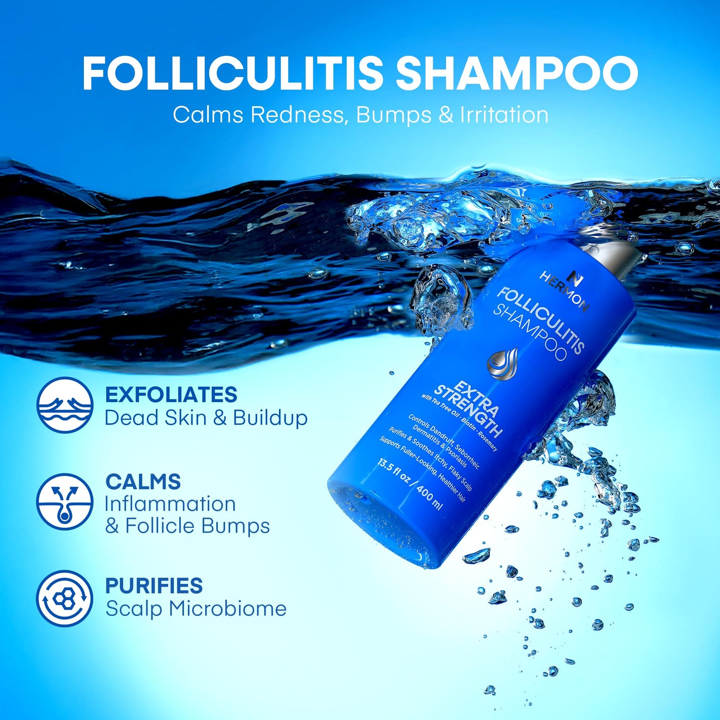 Hermon Folliculitis Shampoo for Itchy Scalp: Psoriasis, Dandruff & Seborrheic Dermatitis & Biotin – Soothes | Exfoliates | Reactivates Follicles
