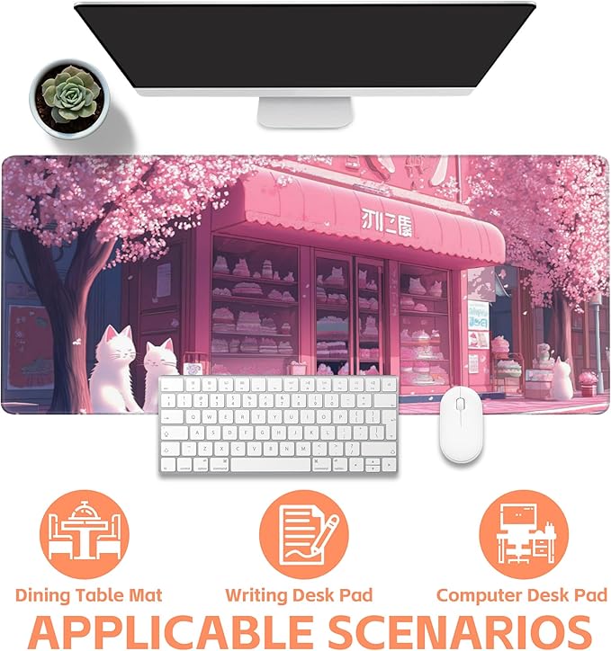 NIYLYNSYN Mouse Pad Large Cake Shop and White Cats Non-Slip Gaming Desk Mat with Stitched Edge Laptop Keyboard Desk Pad for Work Home Gaming (35.4 x 15.7 Inches)