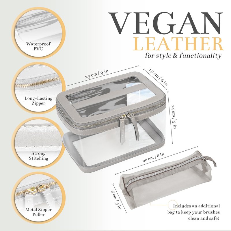 TotesLuxxe Portable Large Clear Transparent Cosmetic Toiletry Travel Organizer with Makeup Brush Bag Travel Toiletry Bag for Women Train Case
