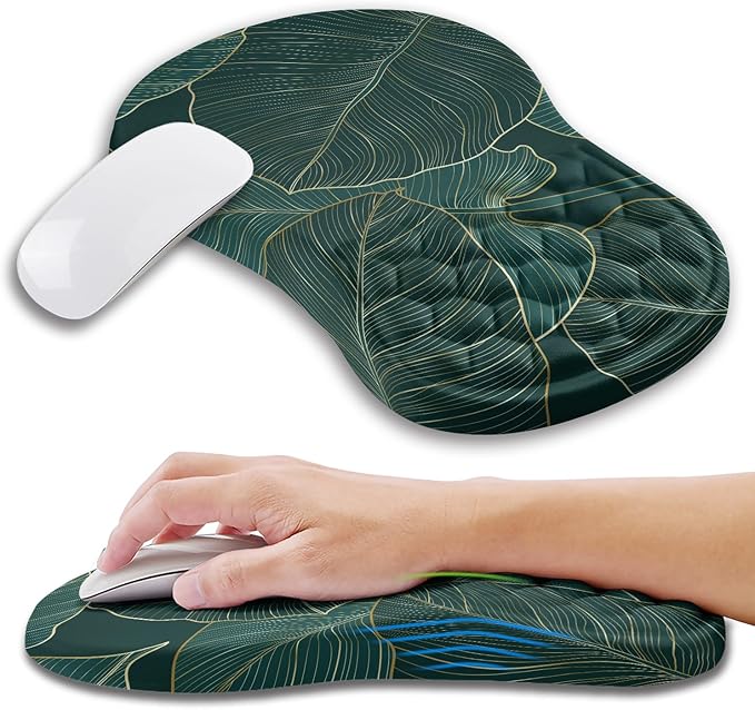 Kuosgm Ergonomic Mouse Pad Wrist Support with Memory Foam Massage Bulge, Carpal Tunnel Pain Relief Mousepad Wrist Rest for Mouse(12x8 inch, Leaves)