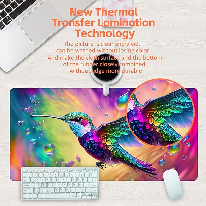 KOAIWPAE Large Gaming Mouse Pad for Desk, Colorful Hummingbird Desk Mat, Bright Hummingbird Desk Pad, 31.5"x15.7" Extended Big Computer Keyboard Mouse Pad with Non-Slip Base and Stitched Edge