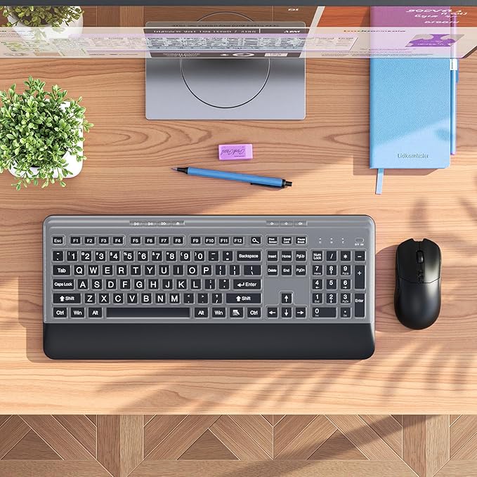 KOPJIPPOM Silent Wireless Keyboard and Mouse Combo - Keyboard with Large Print Cover, 2.4GHz Full-Sized Ergonomic Keyboard with Wrist Rest and Mouse for Laptop, PC, Notebook, Desktop