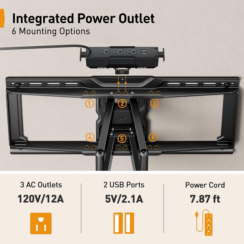 Perlegear Full Motion TV Wall Mount with Power Strip for 42–90 Inch TVs up to 150 lbs, Pre-Assembled TV Mount Has Smooth Swivel, Tilt, Extension, Max VESA 600x400mm, 12“/16”/24” Wood Studs, PGLF11