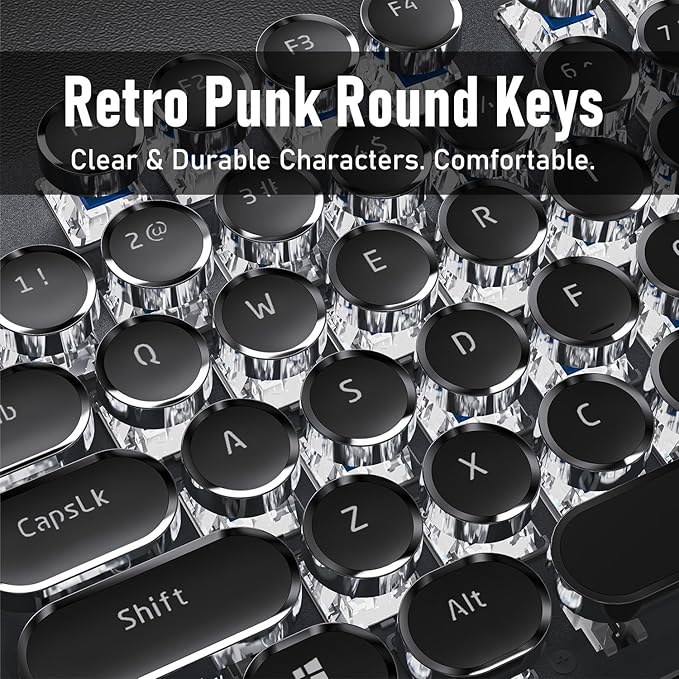 SEUNKWANG Typewriter Style Mechanical Gaming Keyboard with White Backlit, Wired Retro Punk Computer Keyboard Durable Metal Panel, Clicky Blue Switch, Round Keycaps, Full-size for PC/Desktop/Win, Black