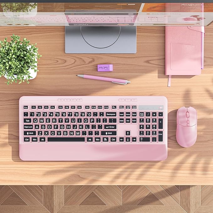 KOPJIPPOM Wireless Keyboard and Mouse Set with Quiet Keys, 2.4G Full Size Ergonomic Keyboard with Wrist Rest, Protective Covers, Soft Touch Silent Design for Windows, Computer, PC and Laptop