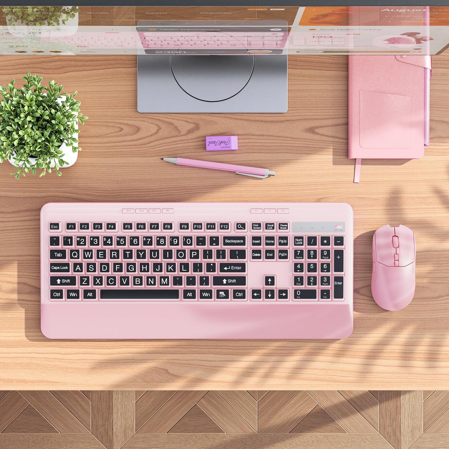KOPJIPPOM Wireless Keyboard and Mouse Set with Quiet Keys, 2.4G Full Size Ergonomic Keyboard with Wrist Rest, Protective Covers, Soft Touch Silent Design for Windows, Computer, PC and Laptop