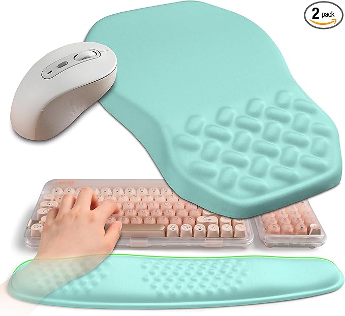 Gleamtide 2-in-1 Ergonomic Set, Wave Keyboard Wrist Rest and Massage Slope Mouse Pad Wrist Support, Rebound Memory Foam for Relieve Carpal Tunnel Syndrome and Wrist Pain (Light Blue)
