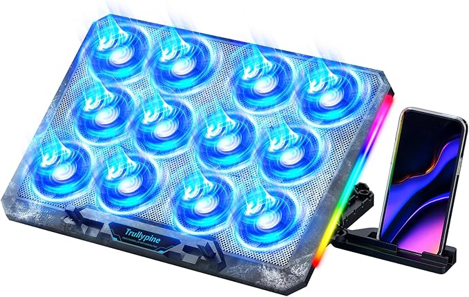 Trullypine Laptop Cooling Pad with 12 Quiet Fans, Slim Portable for 12-17.3 Inch Laptop Cooler Stand with 5 Height Adjustable, Ergonomic Gaming Cooling Fan Pad with Two USB Ports & Phone Holder (Gear)