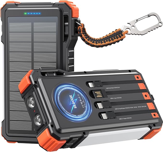 BLAVOR 45W Solar Charger Power Bank 20000mAh Wireless Portable Charger Built-in Cables, PD QC Fast Charging Battery Pack with USB-C for iPhone, Samsung, Dual Flashlight & Carabiner for Camping, Hiking
