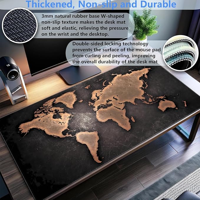World Map Gaming Desk Pad XXL Large Mouse Pad Vintage Style Full Desk Mat Extended Keyboard Pad with Stitched Edges, Non-Slip Base (31.5" x 15.7")