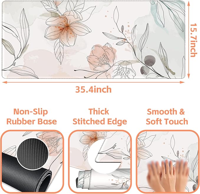 NIYLYNSYN Mouse Pad Large Flowers Watercolor Texture Non-Slip Gaming Desk Mat with Stitched Edge Laptop Keyboard Desk Pad for Work Home Gaming (35.4 x 15.7 Inches)