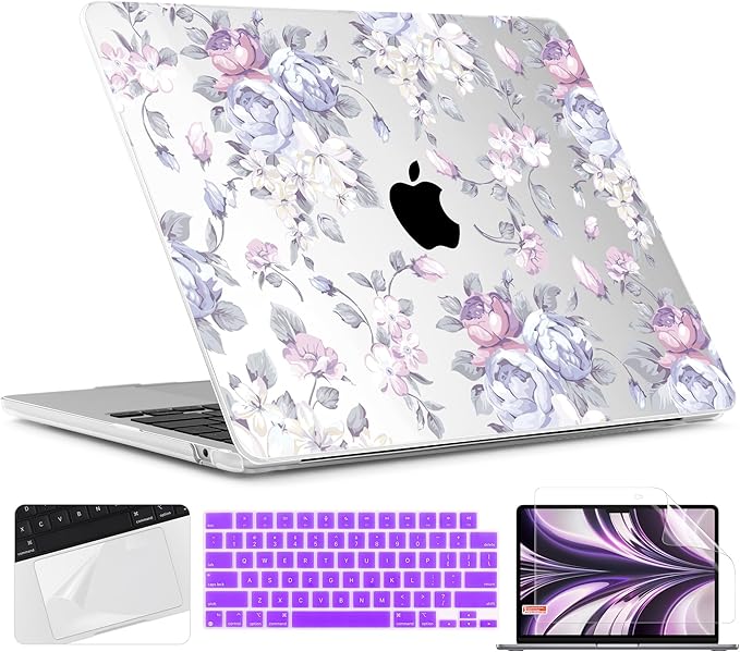 TWOLSKOO for MacBook Air 13 inch Case M5 2026 M4 2025 M3 M2 2024-2022 A3449 A3240 A3113 A2681, Plastic Hard Shell & Keyboard Cover & Screen Film for MacBook Air 13.6 inch Case, Purple Peony