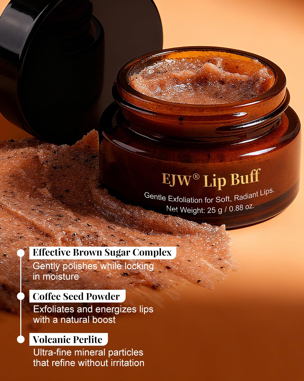 Triple-Action Lip Scrub - Brown Sugar, Coffee & Pearlite Exfoliator - Infused with Coconut & Botanical Oils for Nourishing Care of Dry, Cracked Lips - Vegan, Cruelty-Free