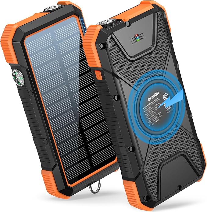 BLAVOR Solar Power Bank 20000mAh Wireless Portable Charger Built-in Cables, 20W Fast Charging USB C Battery Pack for iPhone 17/16/15/14, iPad, Samsung, Solar Charger with Flashlight for Camping