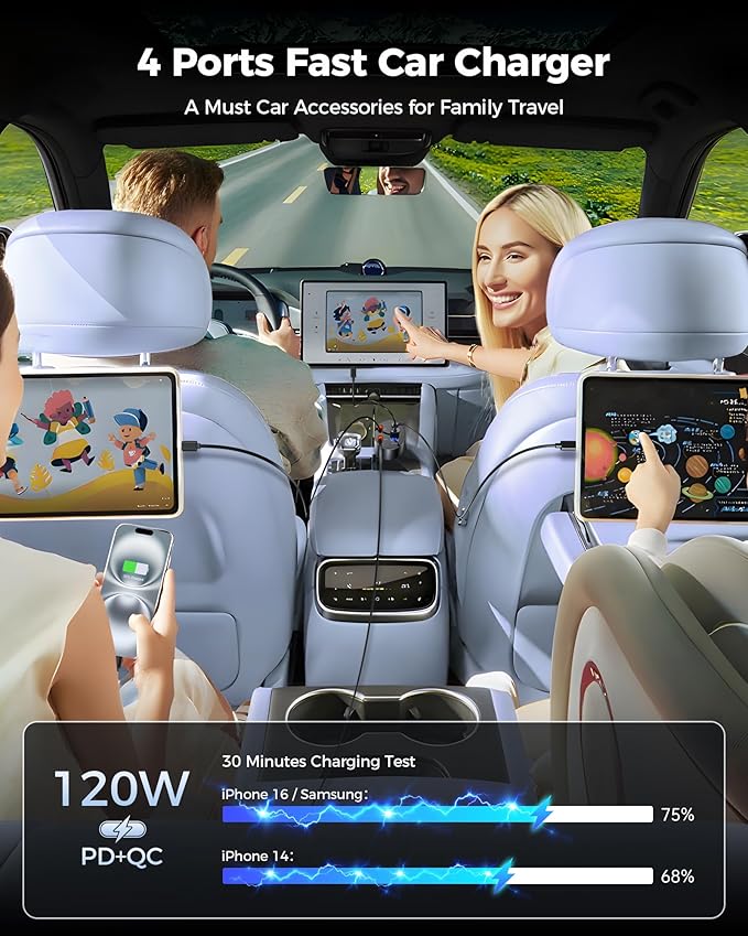 Retractable Car Charger, [2025 New] 4 in 1 Fast Car Phone Charger with Retractable Type C & L Cords, 120W USB Car Charging Adapter for iPhone 13 14 15 16 17Pro Max, Samsung Galaxy, Pixel