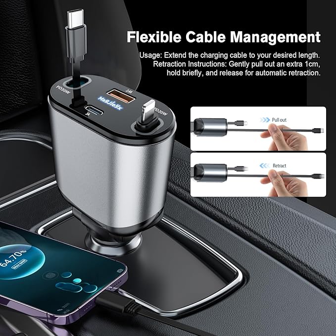 MAGJIEYX 4 in 1 Retractable Car Charger, USB C Fast Charging Adapter[Max80W] with USB-i Cable&Dual Charge Port Compatible with iPhone 17/16/15/14/13/12 Pro Max Plus/iPad/AirPods,Galaxy,Google