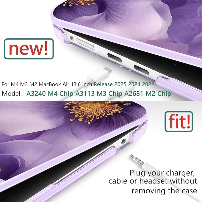 TWOLSKOO for MacBook Air 13 inch Case M4 A3240 M3 A3113 M2 A2681 2025 2024 2022 Plastic Hard Shell, Keyboard Cover, Type C Adapter, Screen Protector for MacBook Air 13.6 inch, Purple Flowers