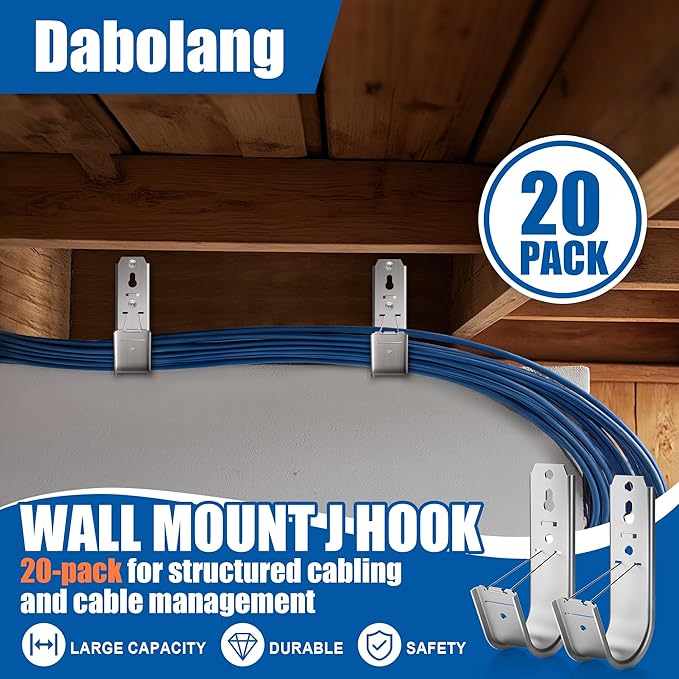 Dabolang 20 Pack J Cable Hook with Retainer Clip, 2-Inch Heavy Duty Wall Mount J-Hooks,J-Hook for Hanging Cable & Wire,Cable Hooks for Structured Cabling and Cable Management