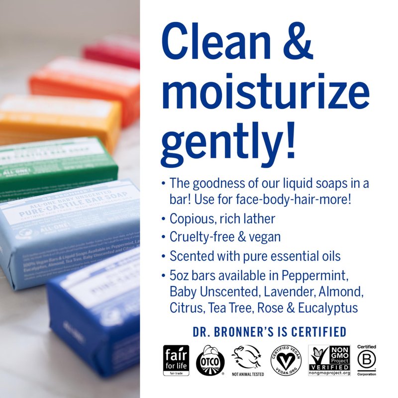 Dr. Bronner's - Pure-Castile Bar Soap (Baby Unscented, 5 ounce, 3-pack) - Made with Organic Oils, For Face, Body, Hair, Gentle for Sensitive Skin, Babies, No Added Fragrance, Biodegradable, Vegan