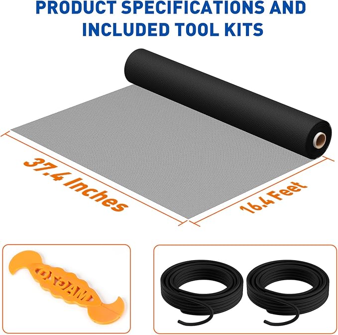 MAGZO Window Screen Replacement Mesh Roll, 37.4in × 16.4ft Upgraded Thicker 360g/m² Heavy Duty Polyester Screen Mesh Ideal for Patio Porch Sliding Repair Kit 14x11Mesh