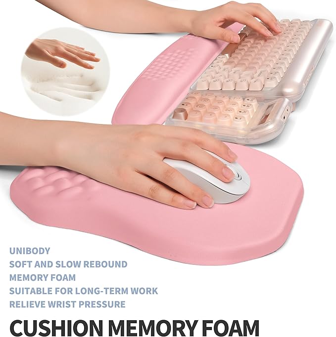 Gleamtide 2-in-1 Ergonomic Set, Wave Keyboard Wrist Rest and Massage Slope Mouse Pad Wrist Support, Rebound Memory Foam for Relieve Carpal Tunnel Syndrome and Wrist Pain (Pink)